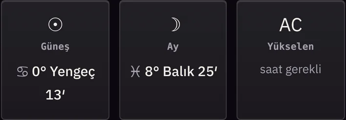Sorbi Güneş, Ay ve yükselen kartları